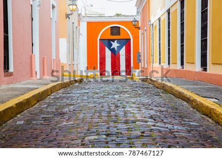 A beautiful and historic cobblestone street in the Old San Juan, Puerto Rico