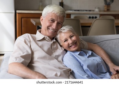 Beautiful hoary good-looking mature spouses relaxing together on comfy couch at modern home smiling staring at camera feel carefree. Good harmonic relationships, happy marriage, endless love concept - Shutterstock ID 2171644641