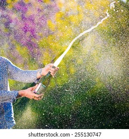 Beautiful Holiday Bottle Champagne Spray Explosion Background Spring Honeymoon