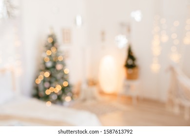 Beautiful Holiday Decorated Room With Christmas Tree And Bright Lights , Out Of Focus Shot For Photo Background. Blur Christmas Background