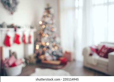 Beautiful Holiday Decorated Room With Christmas Tree, Out Of Focus Shot For Photo Background