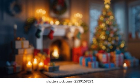 Beautiful holiday decorated room with Christmas tree, out of focus shot for photo background - Powered by Shutterstock