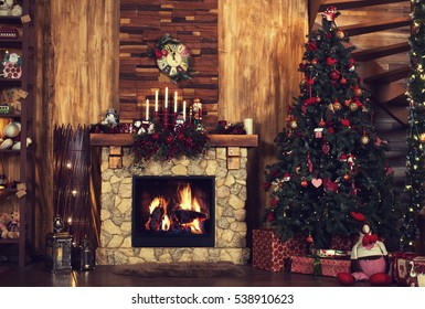 Beautiful Holiday Decorated Room With Christmas Tree, Fireplace At Night. Led Lighting, Cozy Home Scene. Nobody There.