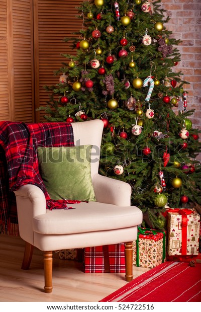 Beautiful Holiday Decorated Room Christmas Tree Stock Photo