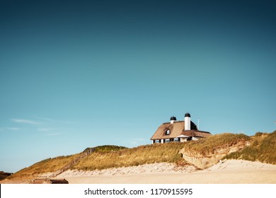 Beautiful Holiday House On The Beach Sand Dunes With Sea View And Blue Sky. Perfect Home For Summer Sacndinavian Holidays  Løkken, Lønstrup In North Jutland In Denmark, Skagerrak, North Sea