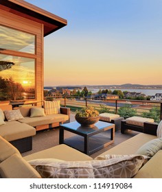 Beautiful Home Patio With View And Sunset Reflection