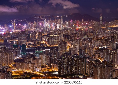 Beautiful Hong Kong Skyline At Night. Looking Down From Kowloon Peak.