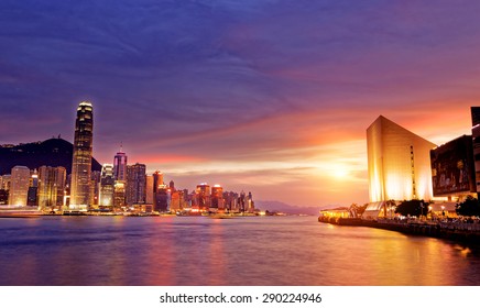 Beautiful HongKong Cityscape At Sunset, Hong Kong City.