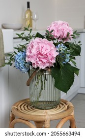 Beautiful Hortensia Flowers In Vase On Stand Indoors