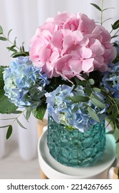 Beautiful Hortensia Flowers In Vase On Stand Indoors