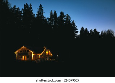 Beautiful House Decorated Of Christmas Lights At Night