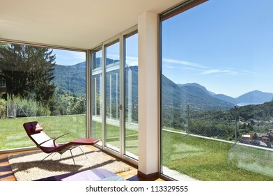 beautiful house, modern style, room view with a chair