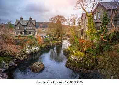 Beautiful houses in autumn landscape of Betws y Coed, Wales