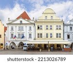 Beautiful houses on the Namesti Svornosti street in the city center. Cesky Krumlov, Czech Republic