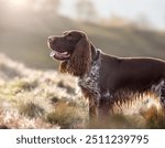 A beautiful hunting dog, an English Springer Spaniel, standing alert in a sunlit meadow