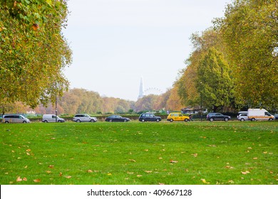 Beautiful Hyde Park View Over London Traffic Jam And Shard Tower On The Background.