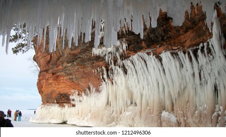 Beautiful Ice Caves On A Frozen Lake Superior. Waves, Wind And Water Current Create The Ice Caves On The Shore Of Apostle Islands National Lake Shore In Wisconsin.