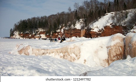 Beautiful Ice Caves On A Frozen Lake Superior. Waves, Wind And Water Current Create The Ice Caves On The Shore Of Apostle Islands National Lake Shore In Wisconsin.