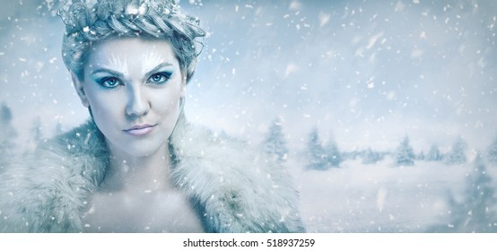 Beautiful ice queen with ice in background 