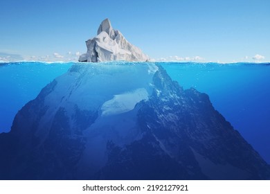 Beautiful iceberg with a hidden mountain in the sea with a view underwater. Hidden danger, concept. Tip of the iceberg. Creative idea. Blue color.