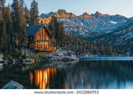 Beautiful idealistic view of a luxury cabin perched on the edge of a lake in the Sierra Nevada Mountains