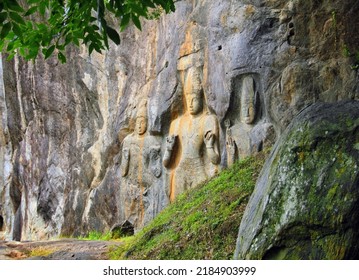 Beautiful image of carved Stone in Buduruwagala (UNESCO World Heritage Site), Buddhist Sculptures Rock - one of the most mysterious and interesting tourist sightseeing in Sri Lanka, South Asia