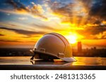 Beautiful image of an engineering helmet at sunset, civil construction