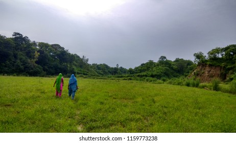 Beautiful image of green land with two ladies in ispur,una, Himachal Pradesh 