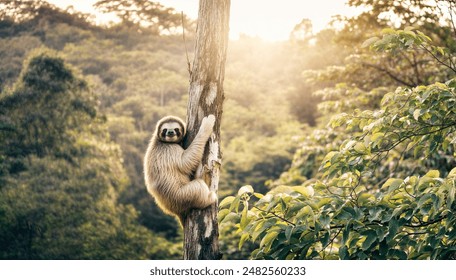 Beautiful image of a sloth hanging from a tree branch in a lush forest at sunset. Warm, golden light filters through the dense foliage, creating a serene atmosphere. Vibrant sunset colors illuminating