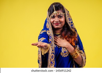 Beautiful Indian Female Tradition Dress Blue Saree Prayers Candle Happy Diwali Light Studio White Background .