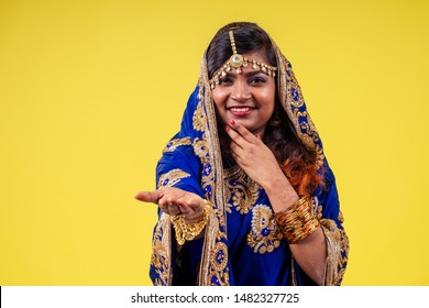 Beautiful Indian Female Tradition Dress Blue Saree Prayers Candle Happy Diwali Light Studio White Background .