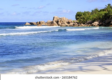 Beautiful Indian Ocean On The Beach Anse Cocos. Island Of La Digue In Seychelles.