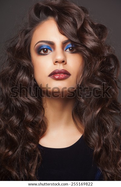 Beautiful Indian Woman Curly Hair Blue Stock Photo Edit Now