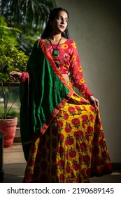 Beautiful Indian woman in traditional chaniya choli for navratri. Navratri is an Indian Festival and Chaniya choli its traditional costume - Shutterstock ID 2190689145