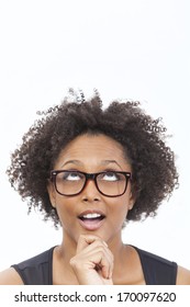 A Beautiful Intelligent Mixed Race African American Girl Or Young Woman Looking Up Happy Thoughtful Surprised And Wearing Geek Glasses