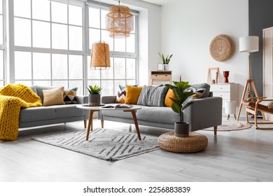 Beautiful interior of living room with cozy grey sofas, table and houseplants near window - Shutterstock ID 2256883839