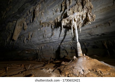 Beautiful interior view of big cave with stalactites and stalagmites