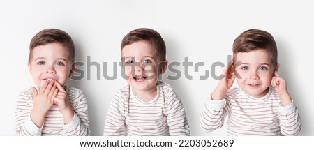 Beautiful invitation with happy toddler boy laugh. Healthy lifestyle. Kid life. Smiling happy child on white background
