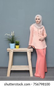 Beautiful Islamic Fashion.Girl Model Wearing Hijab.Indoor Photoshoot.