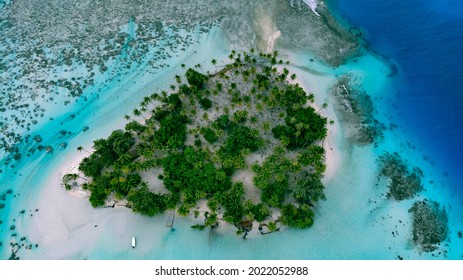 Beautiful Island At The Atoll Of Bora Bora Coconut Threes And Clear Water View From The Top Make Whit Drone