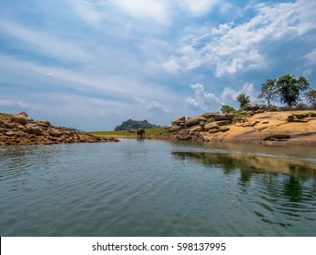 Beautiful Island landscape with Isolated standing asian elephant in background near water in an island in gal oya national park Sri Lanka - Shutterstock ID 598137995