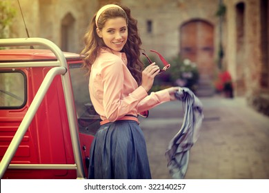 Beautiful Italian Woman On Small Old Town Street