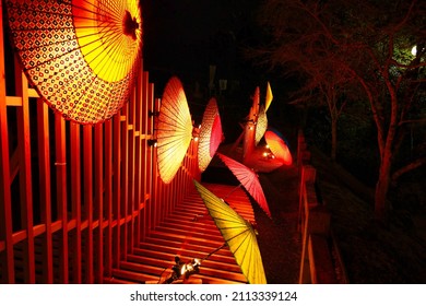 Beautiful Japanese umbrella of traditional crafts lit up
