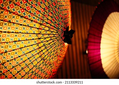Beautiful Japanese umbrella of traditional crafts lit up