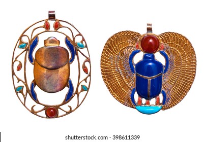 Beautiful jewelry with semiprecious stones, lapis lazuli, carnelian,  necklaces for woman in a shape of the ancient Egyptian scarab symbol, ancient egypt design
