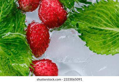 beautiful juicy strawberry berries and green mint leaves in ice water close-up top view - Powered by Shutterstock