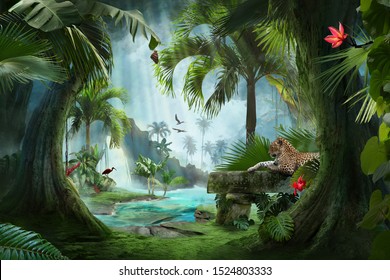 beautiful jungle beach lagoon view with a jaguar, palm trees and tropical leaves, can be used as background