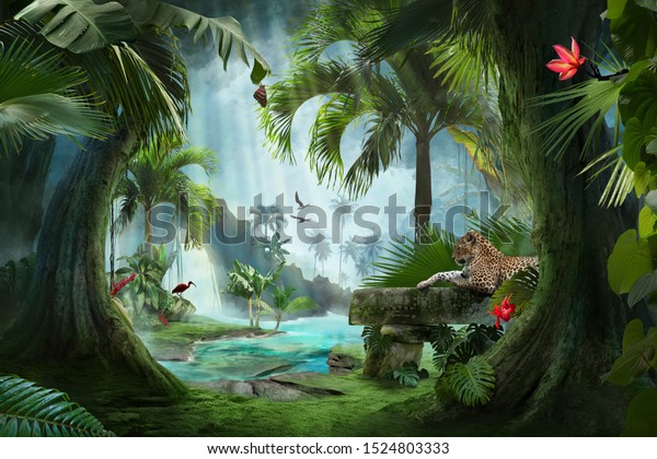 beautiful jungle beach lagoon view with a jaguar, palm trees and tropical leaves, can be used as background