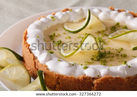 Beautiful key lime pie with whipped cream and peel close-up on a plate. horizontal
