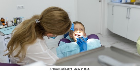 Beautiful Kid Boy In Dentist's Chair The Office Treats Teeth.